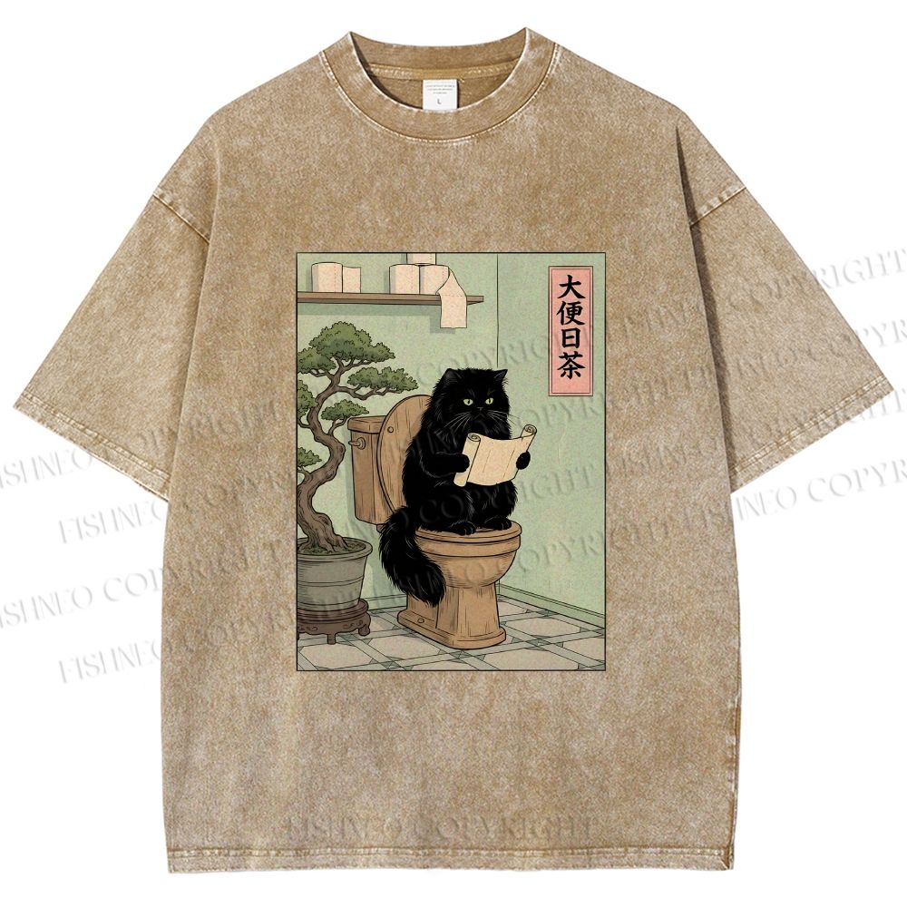 Unisex Cat On Toilet Reading Scroll Printed Washed Tee