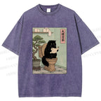 Unisex Cat On Toilet Reading Scroll Printed Washed Tee