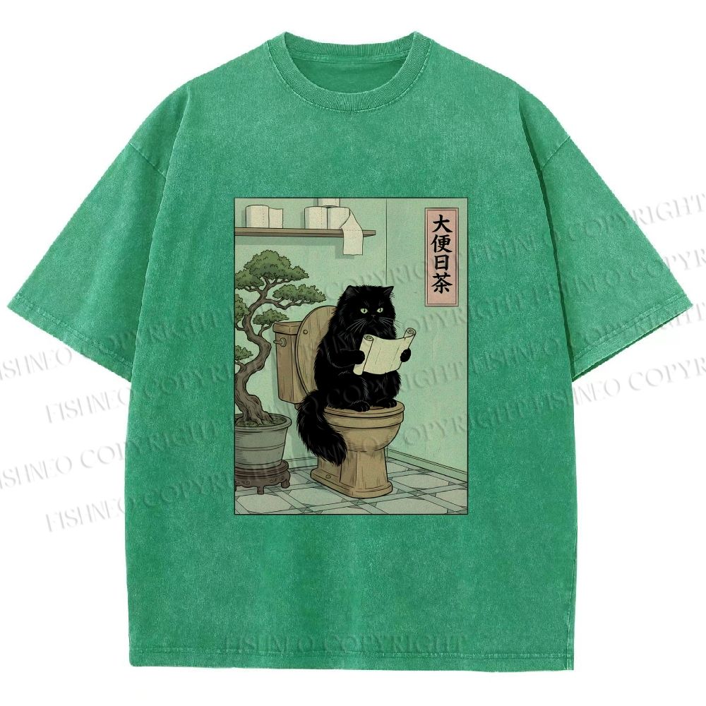 Unisex Cat On Toilet Reading Scroll Printed Washed Tee