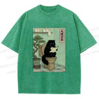 Unisex Cat On Toilet Reading Scroll Printed Washed Tee