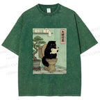 Unisex Cat On Toilet Reading Scroll Printed Washed Tee
