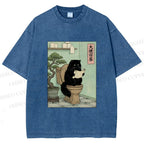 Unisex Cat On Toilet Reading Scroll Printed Washed Tee