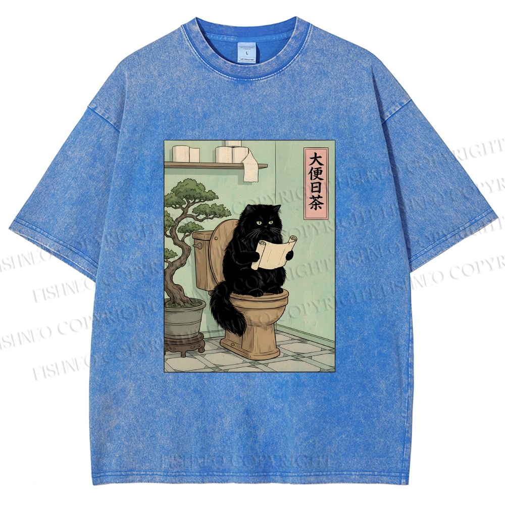 Unisex Cat On Toilet Reading Scroll Printed Washed Tee
