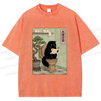 Unisex Cat On Toilet Reading Scroll Printed Washed Tee