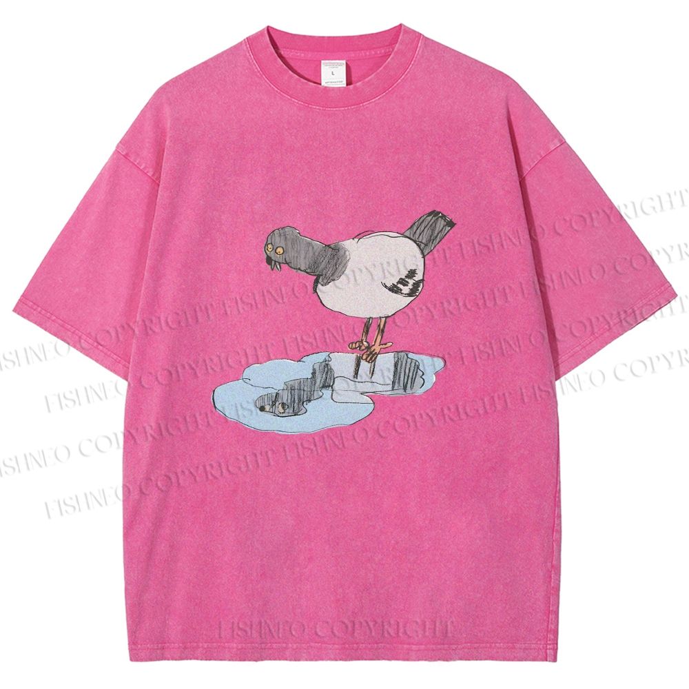 Unisex Funny Pigeon Look Himself in Water Printed Washed Tee