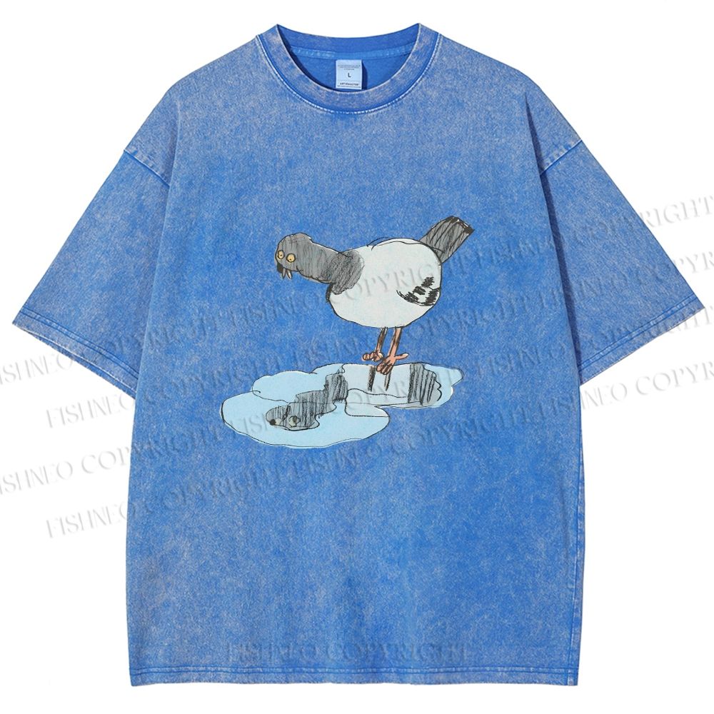 Unisex Funny Pigeon Look Himself in Water Printed Washed Tee