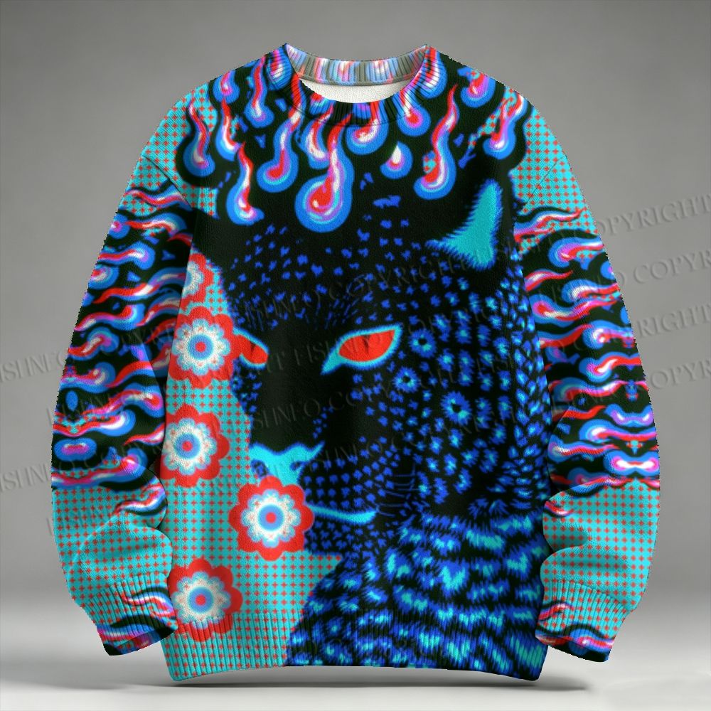 Fire Leopard Round Neck Raglan Sweater