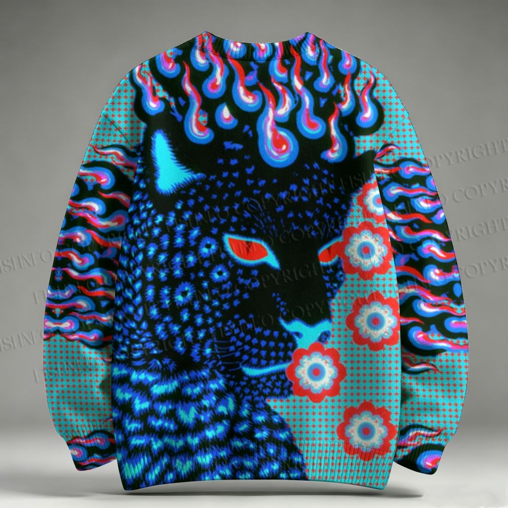 Fire Leopard Round Neck Raglan Sweater