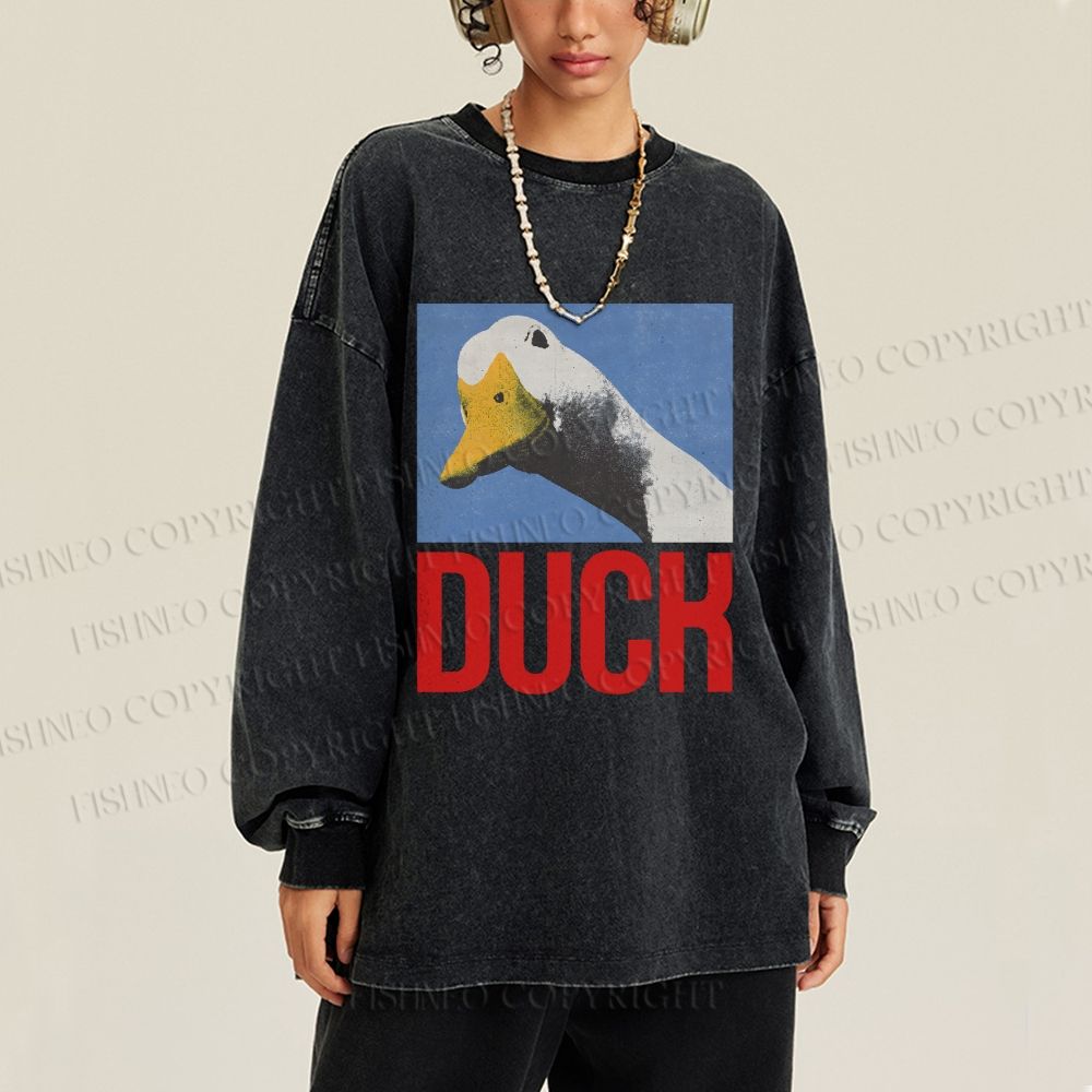Unisex Cute Duck Poster Casual Washed Printed Long Sleeve T-shirt