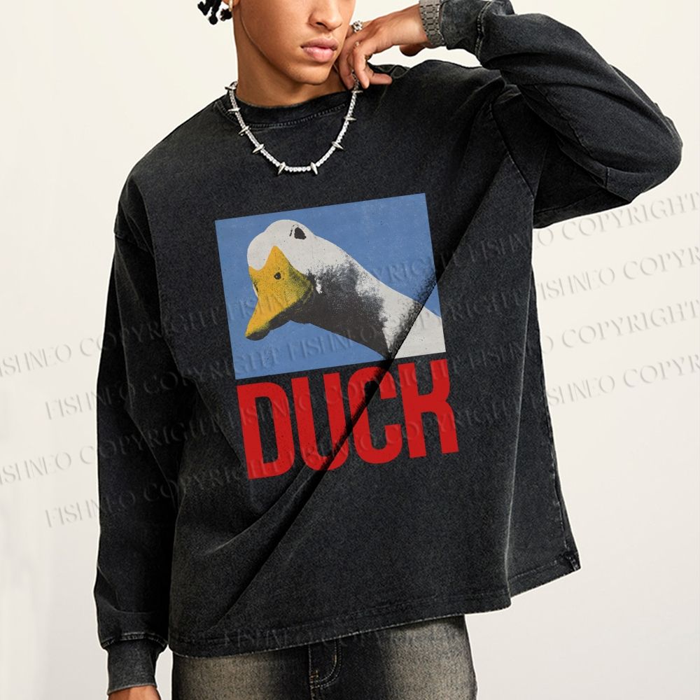 Unisex Cute Duck Poster Casual Washed Printed Long Sleeve T-shirt