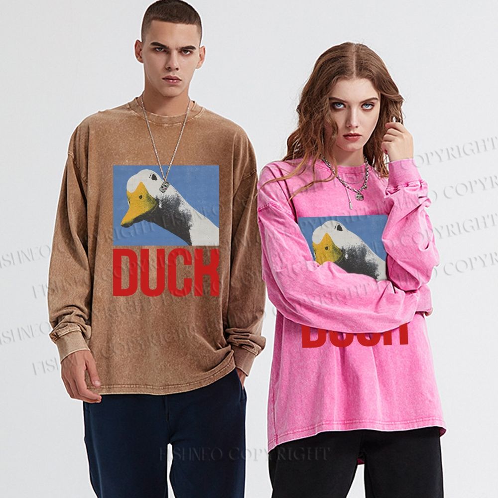 Unisex Cute Duck Poster Casual Washed Printed Long Sleeve T-shirt