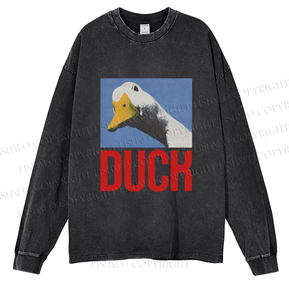 Unisex Cute Duck Poster Casual Washed Printed Long Sleeve T-shirt