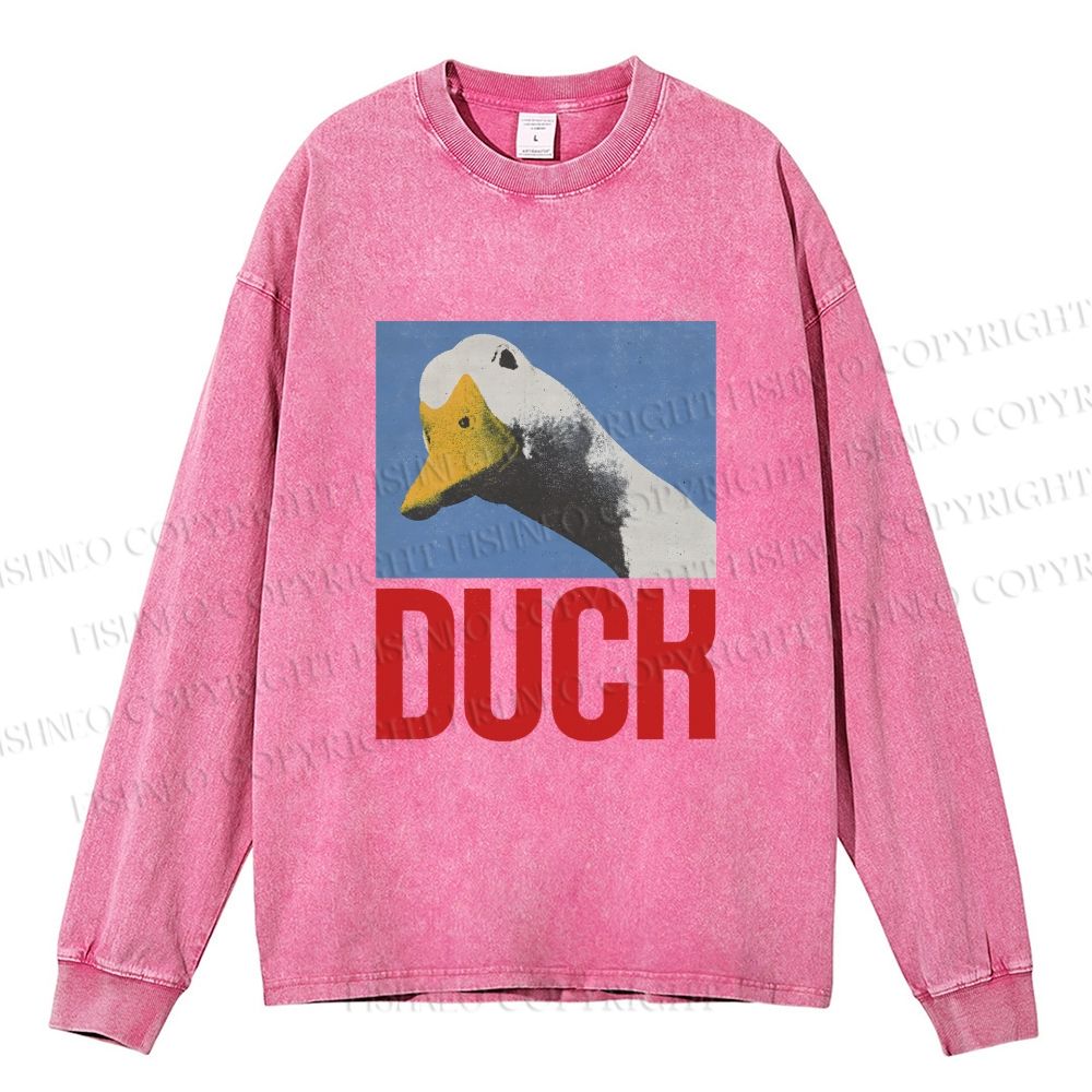 Unisex Cute Duck Poster Casual Washed Printed Long Sleeve T-shirt