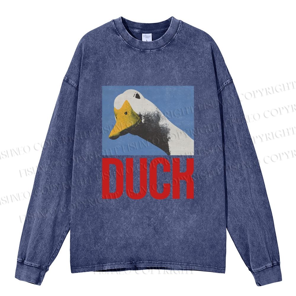 Unisex Cute Duck Poster Casual Washed Printed Long Sleeve T-shirt