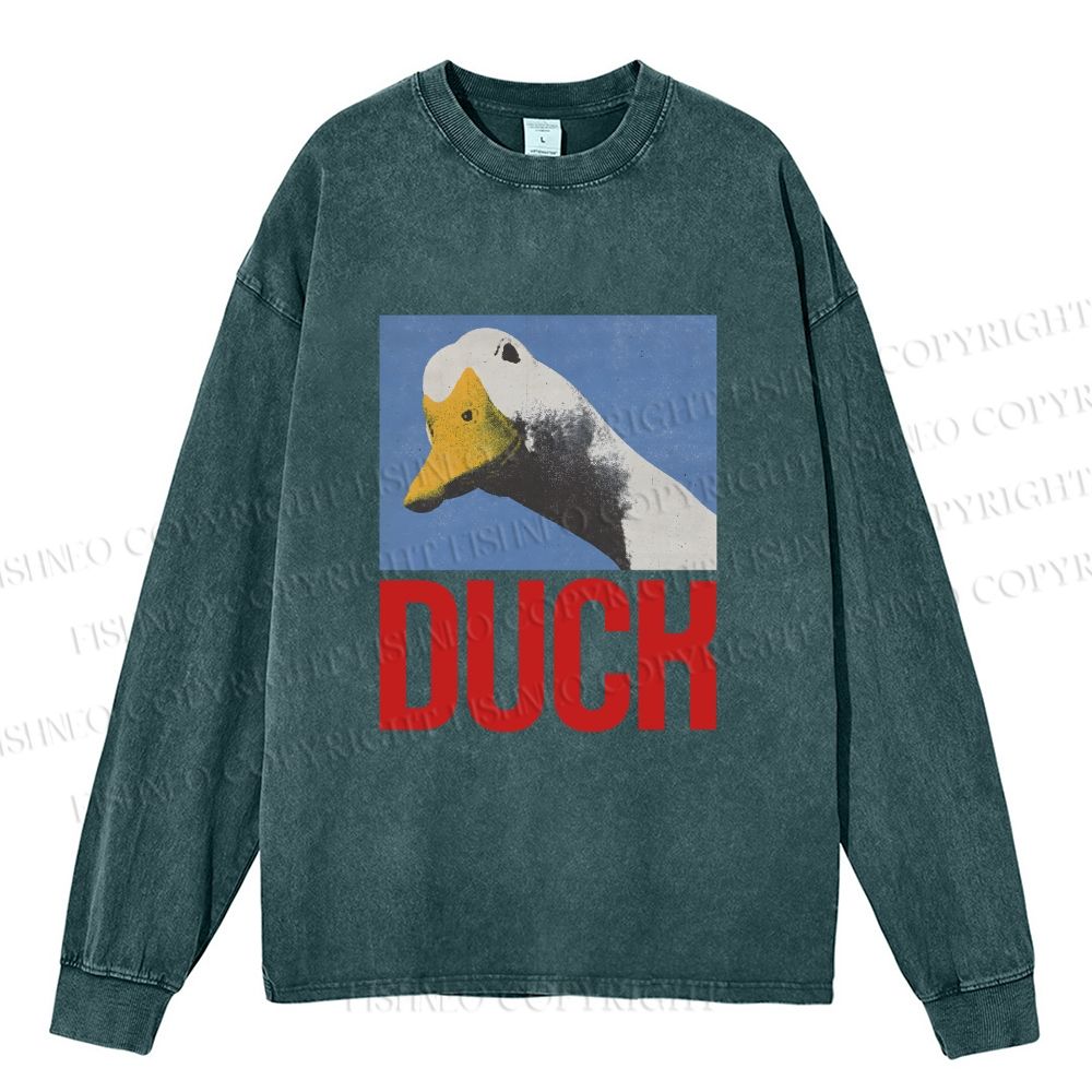 Unisex Cute Duck Poster Casual Washed Printed Long Sleeve T-shirt