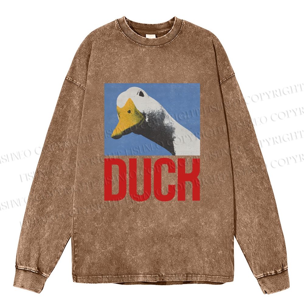 Unisex Cute Duck Poster Casual Washed Printed Long Sleeve T-shirt