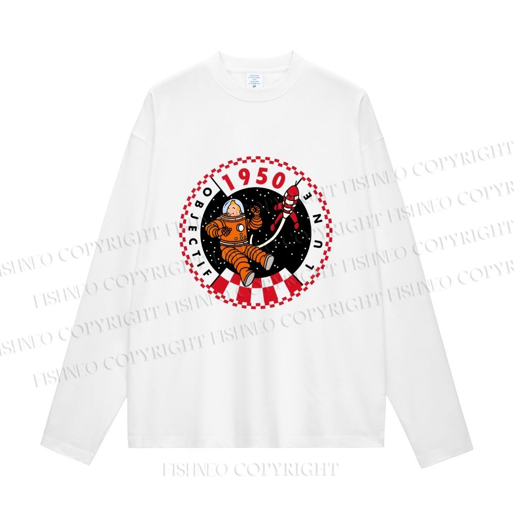 Unisex Astronaut Tintin Casual Cotton Printed Long Sleeve T-shirt