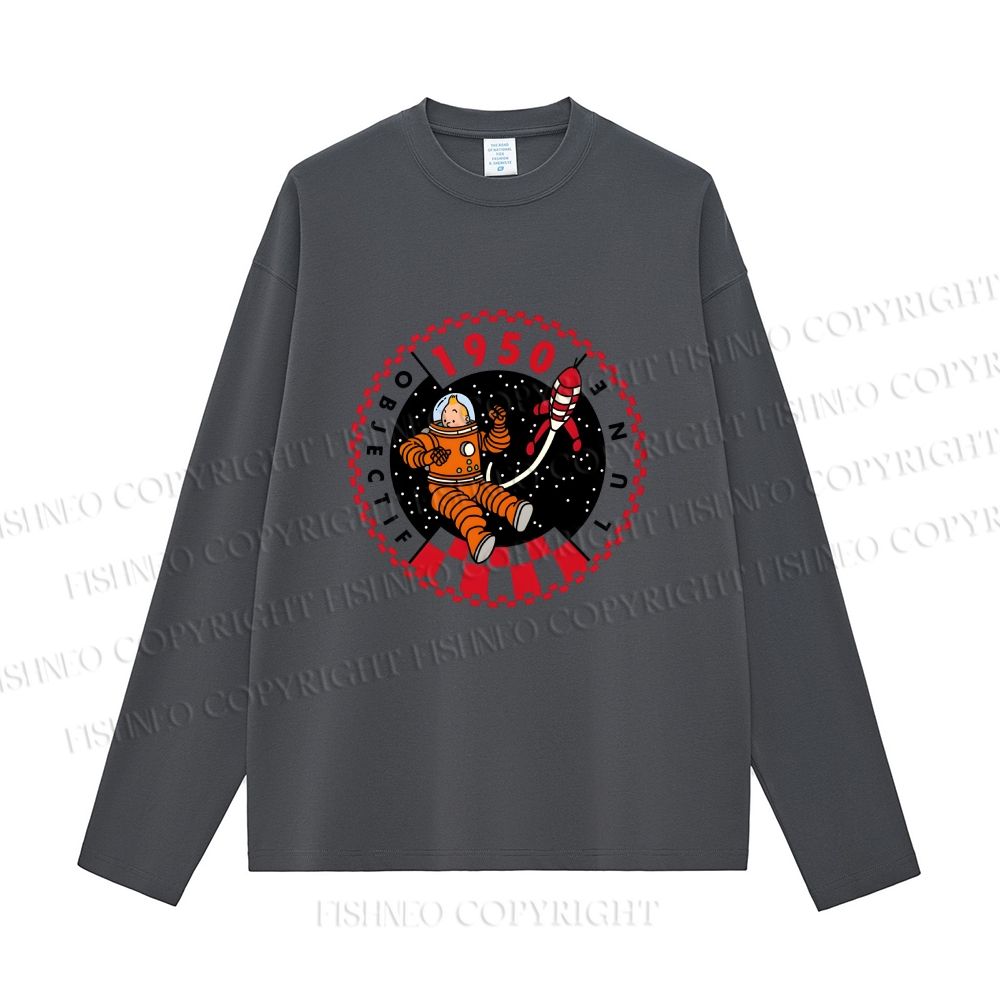 Unisex Astronaut Tintin Casual Cotton Printed Long Sleeve T-shirt