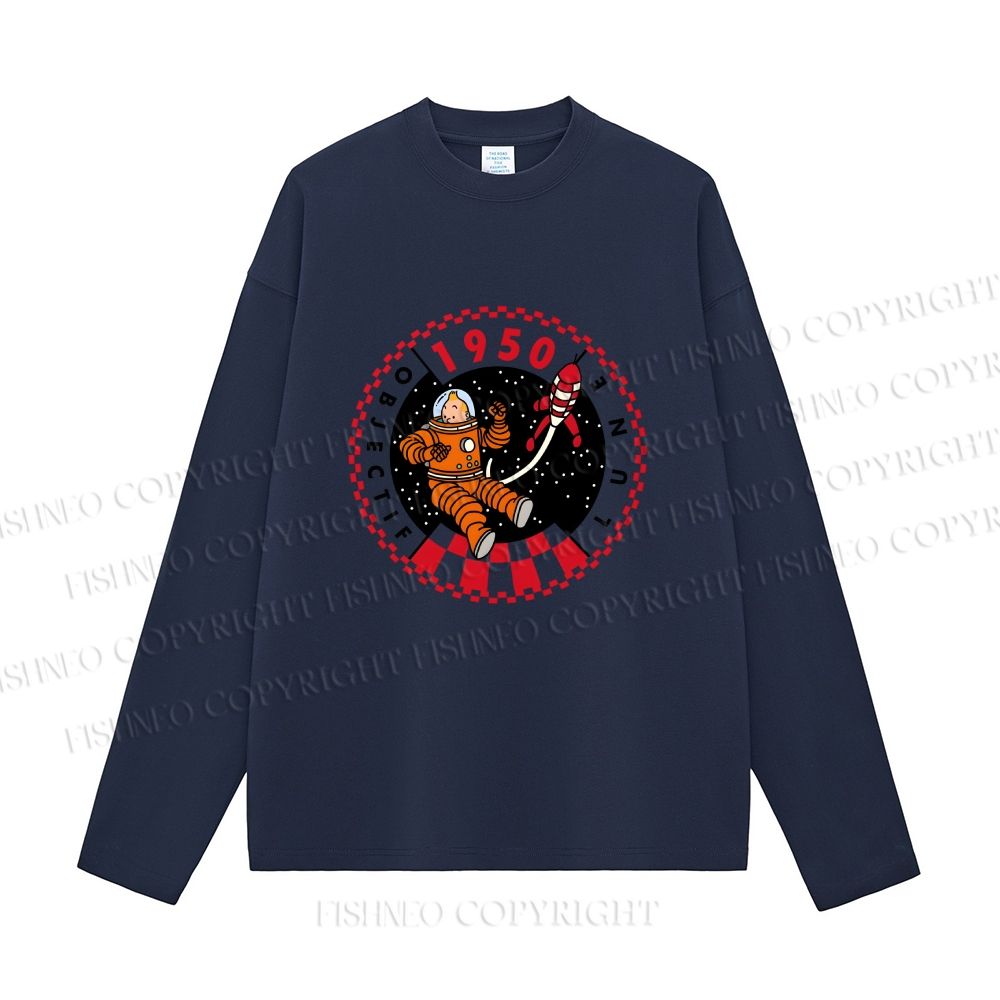 Unisex Astronaut Tintin Casual Cotton Printed Long Sleeve T-shirt