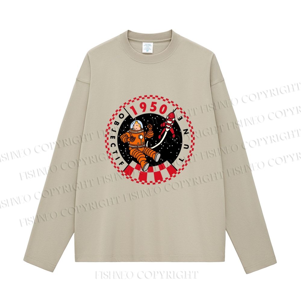 Unisex Astronaut Tintin Casual Cotton Printed Long Sleeve T-shirt