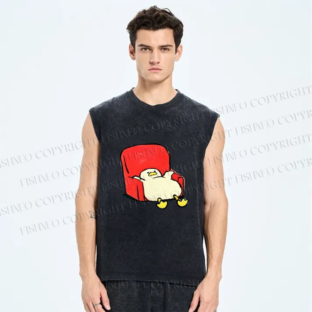 Unisex Chubby Duck Slide off the Sofa Printed Washed Tank Top