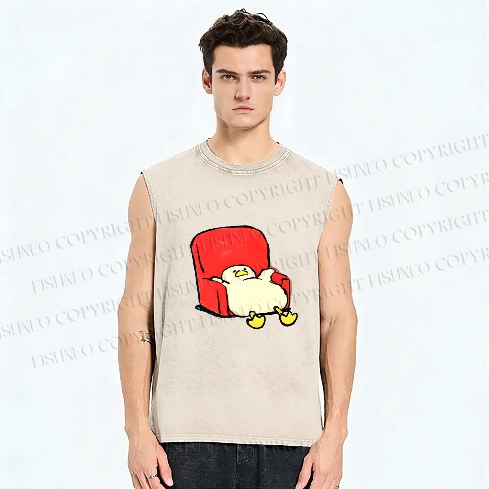 Unisex Chubby Duck Slide off the Sofa Printed Washed Tank Top