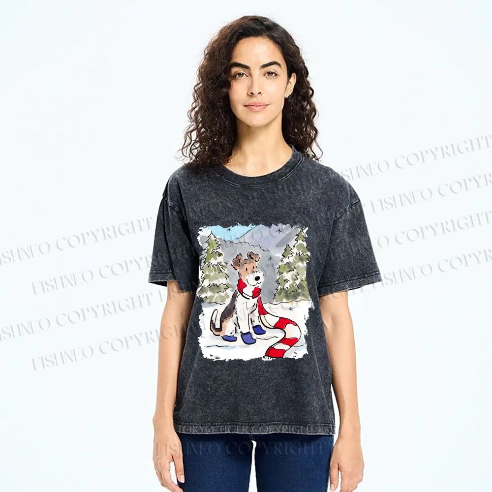 Unisex Wire-haired Fox Terrier in Snow Printed Washed Tee