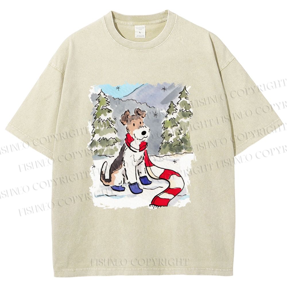 Unisex Wire-haired Fox Terrier in Snow Printed Washed Tee