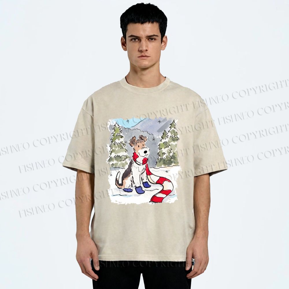 Unisex Wire-haired Fox Terrier in Snow Printed Washed Tee