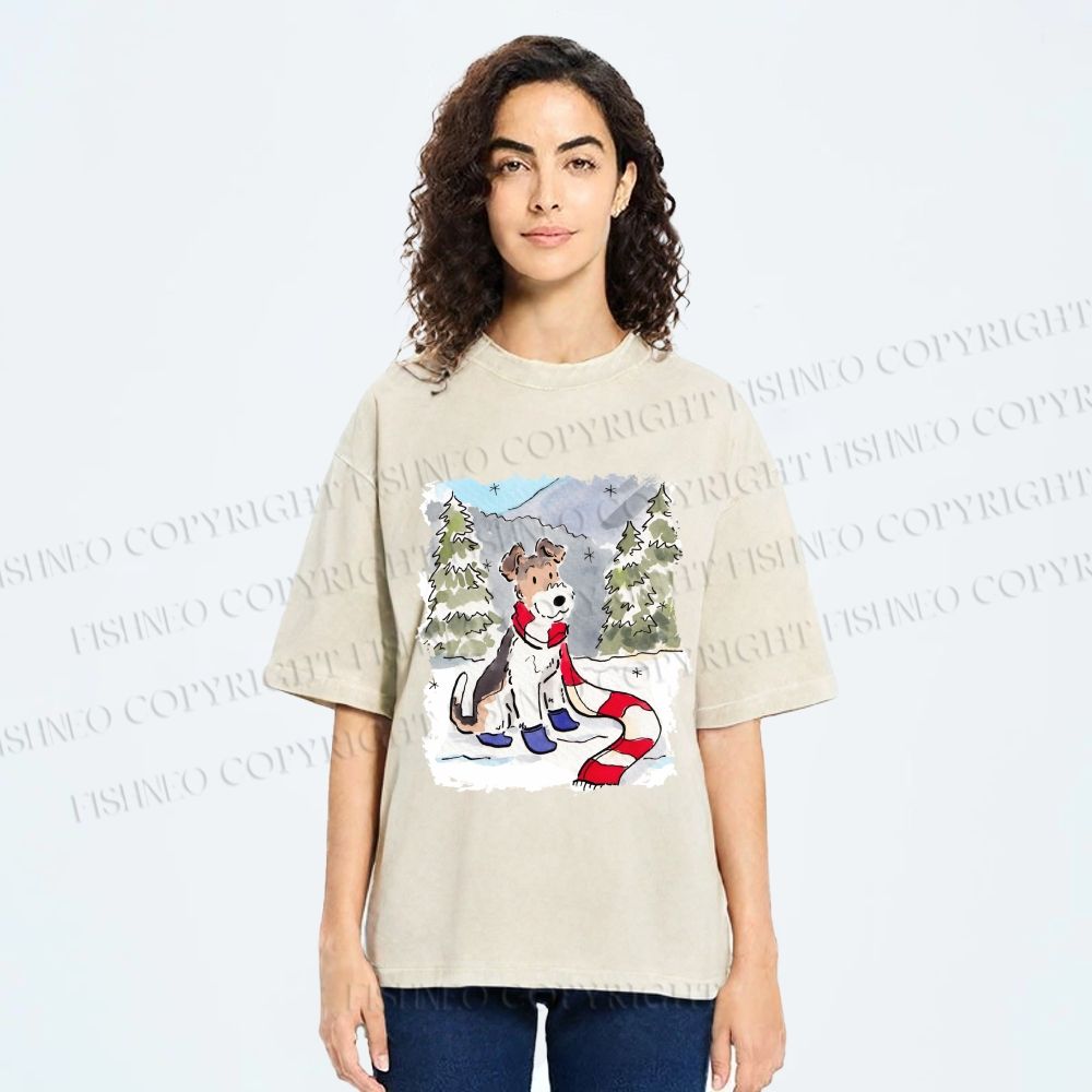 Unisex Wire-haired Fox Terrier in Snow Printed Washed Tee