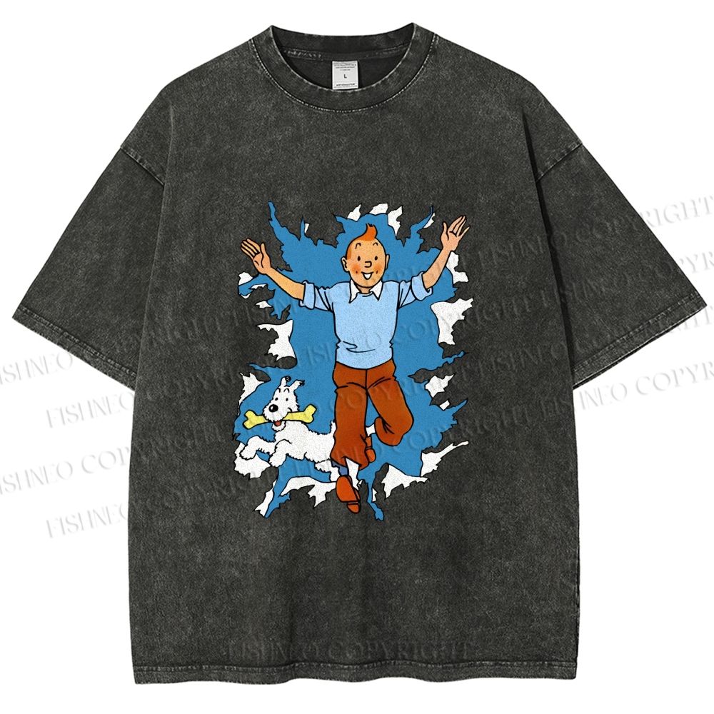 Unisex Tintin Running Out With Snowy Printed Washed Tee