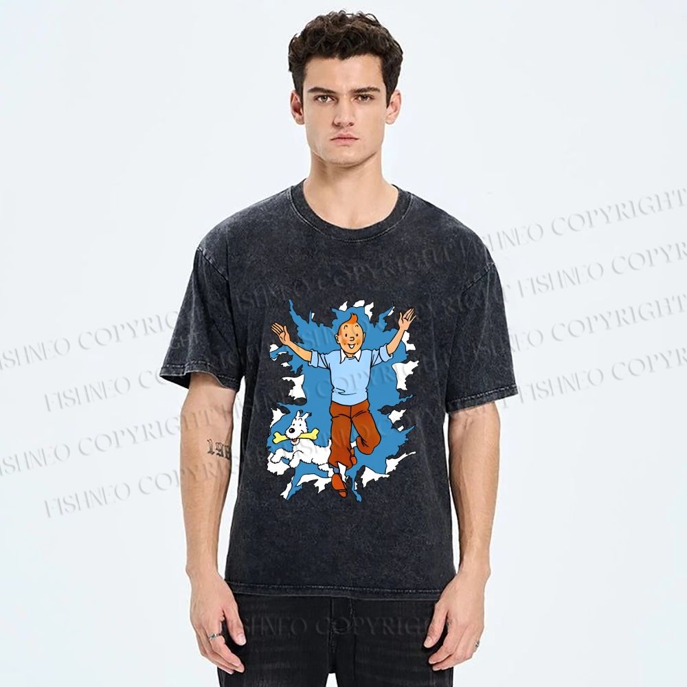 Unisex Tintin Running Out With Snowy Printed Washed Tee