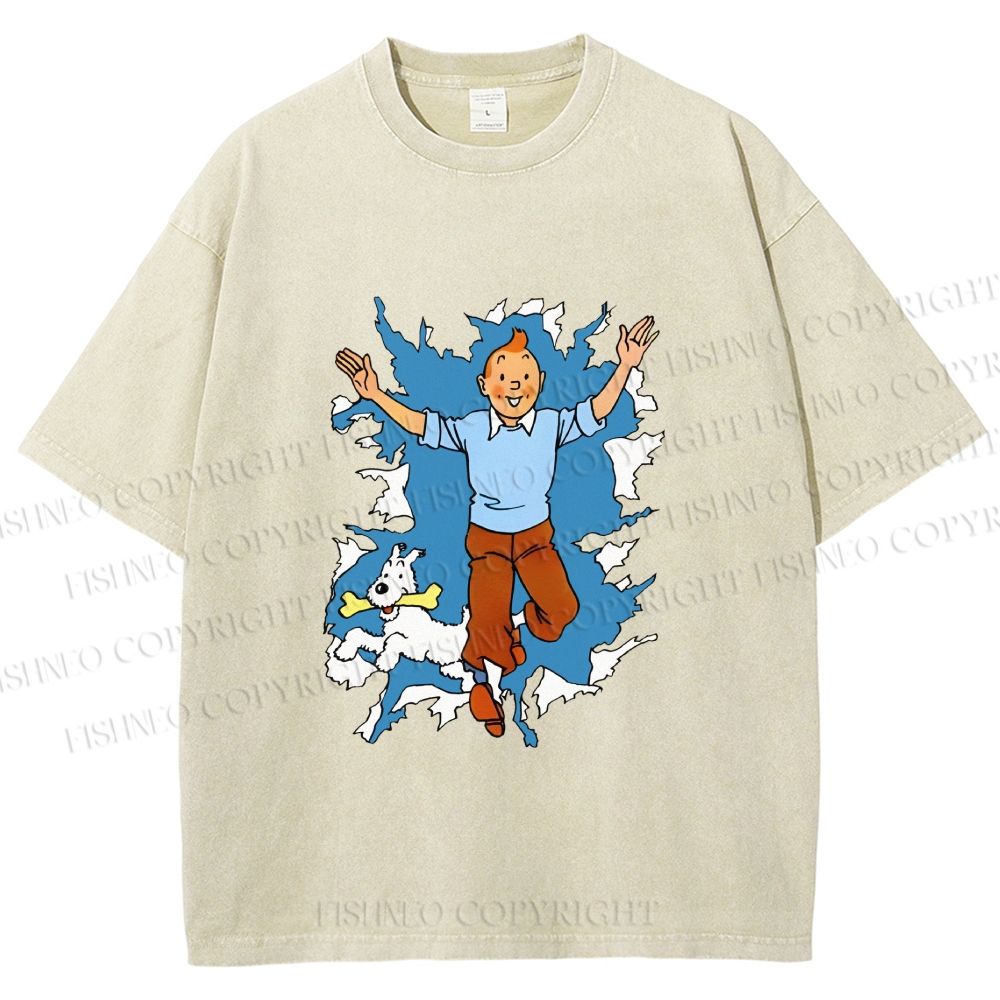 Unisex Tintin Running Out With Snowy Printed Washed Tee