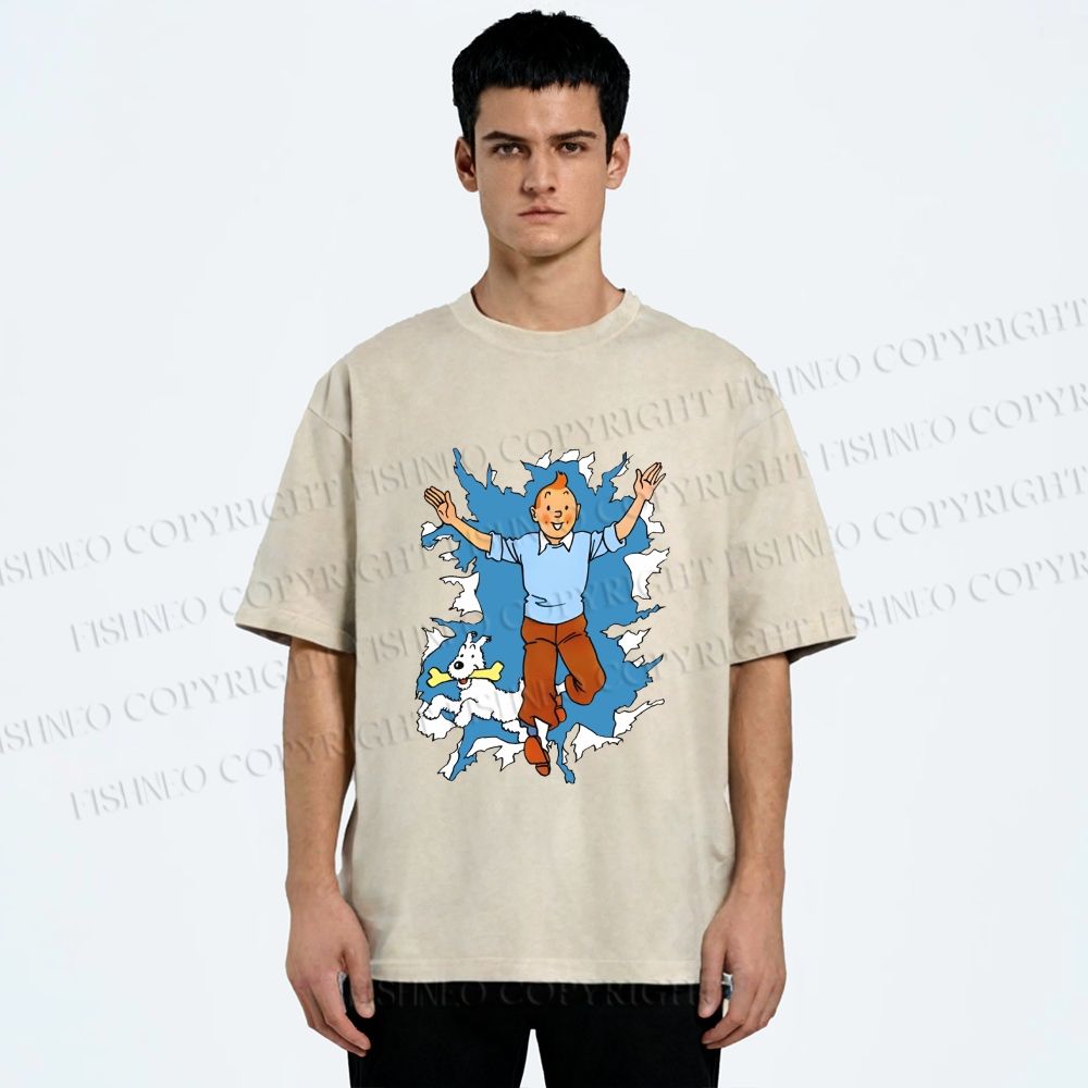 Unisex Tintin Running Out With Snowy Printed Washed Tee