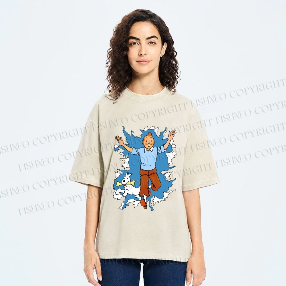 Unisex Tintin Running Out With Snowy Printed Washed Tee