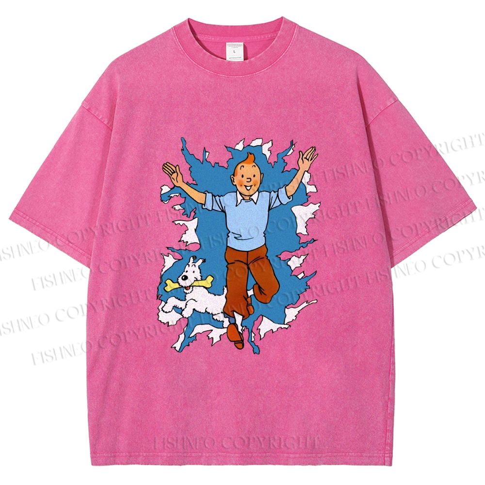 Unisex Tintin Running Out With Snowy Printed Washed Tee