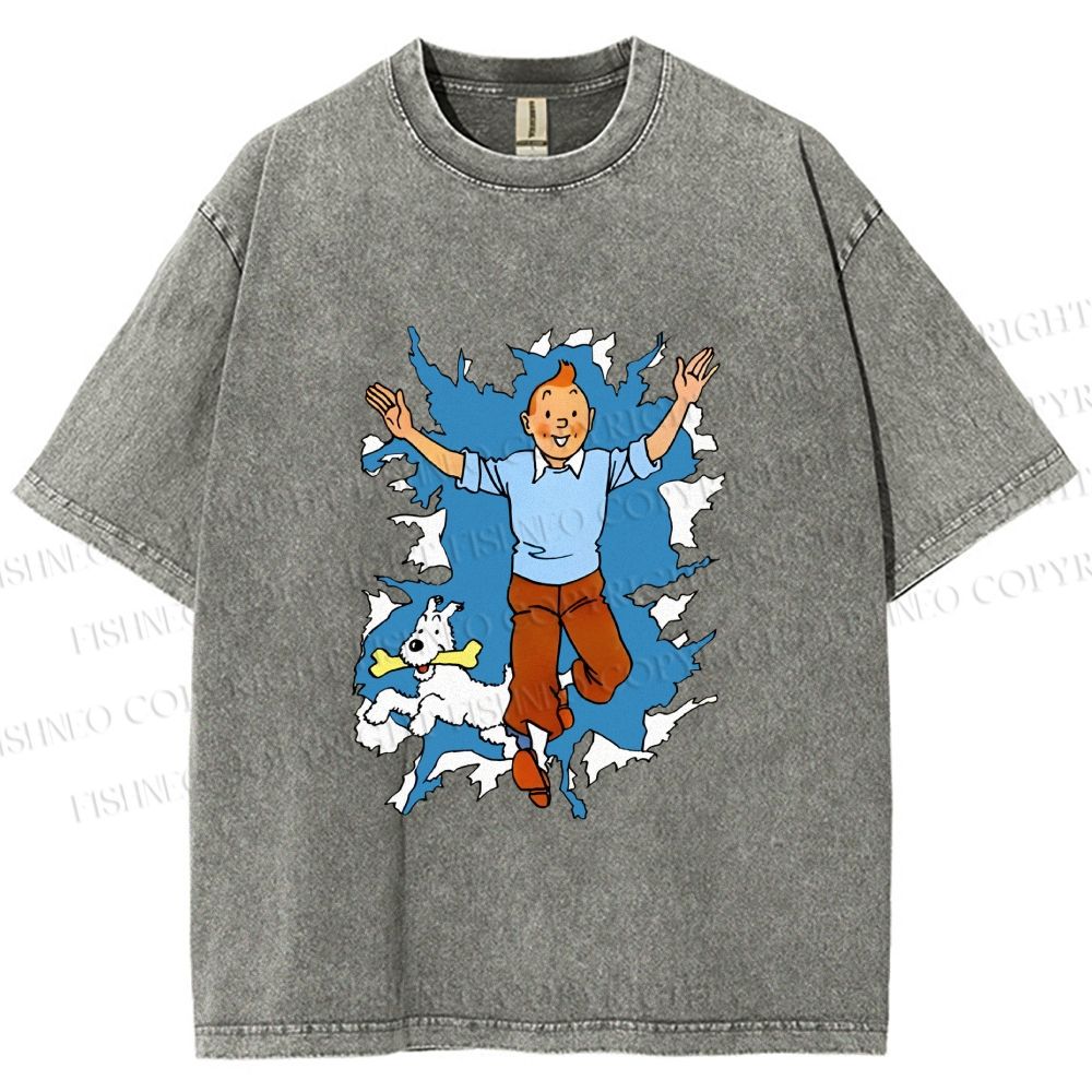 Unisex Tintin Running Out With Snowy Printed Washed Tee