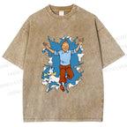 Unisex Tintin Running Out With Snowy Printed Washed Tee