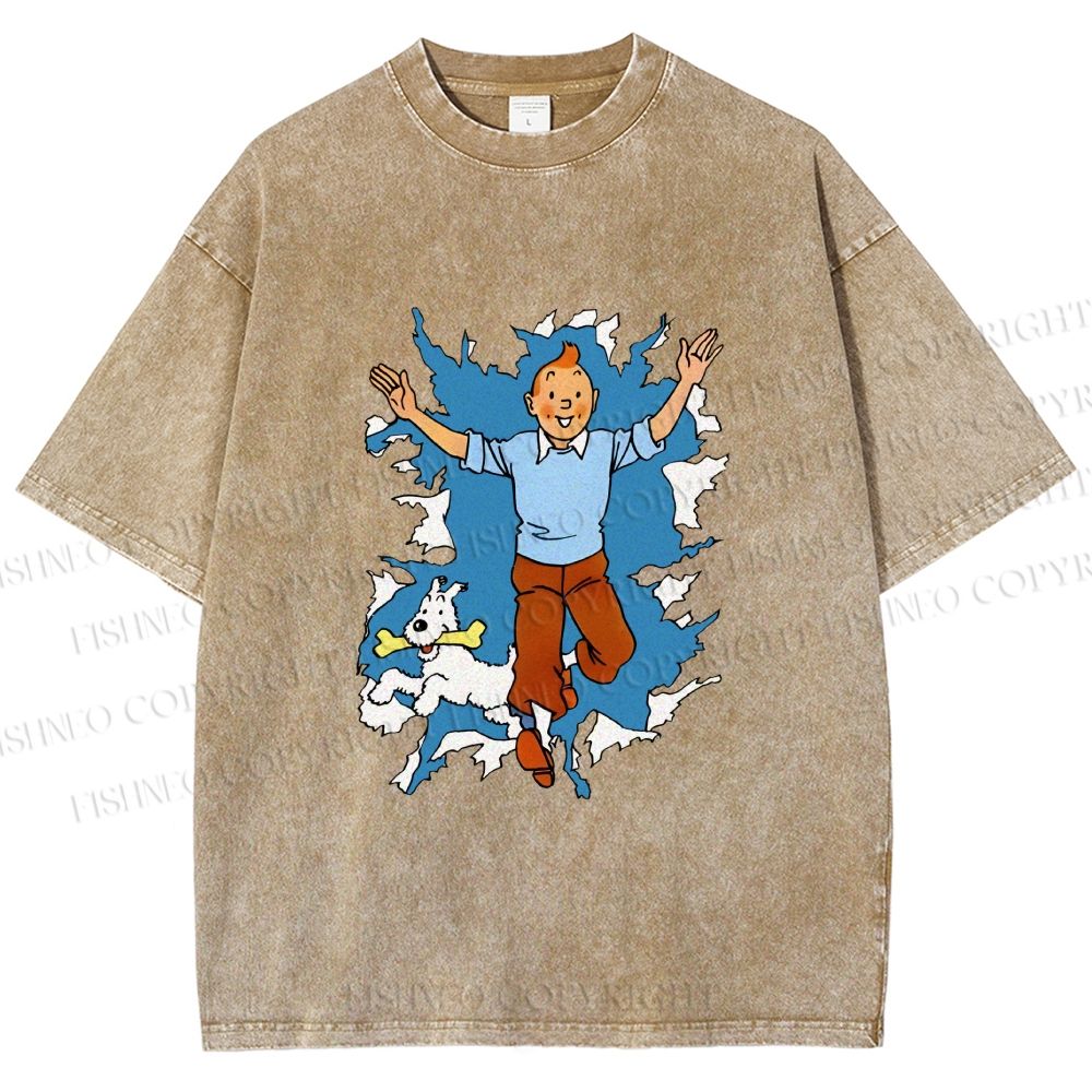Unisex Tintin Running Out With Snowy Printed Washed Tee