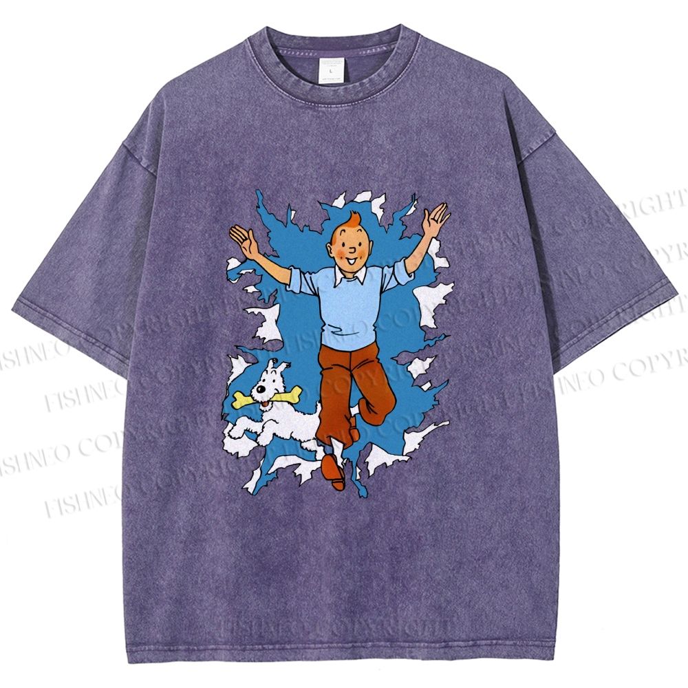 Unisex Tintin Running Out With Snowy Printed Washed Tee