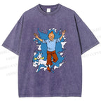Unisex Tintin Running Out With Snowy Printed Washed Tee