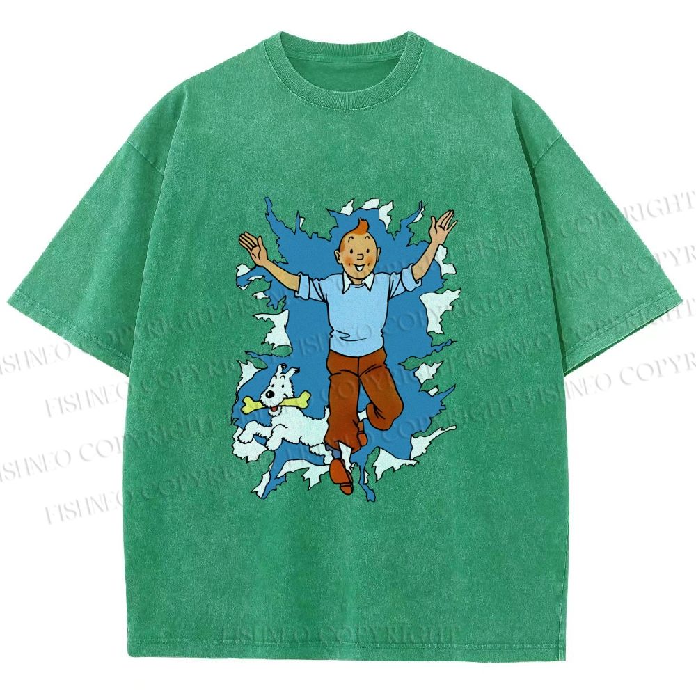 Unisex Tintin Running Out With Snowy Printed Washed Tee