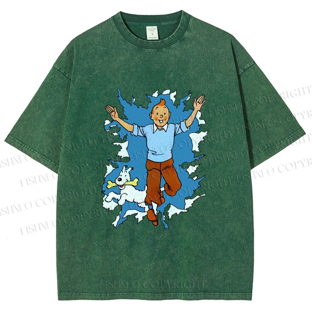 Unisex Tintin Running Out With Snowy Printed Washed Tee