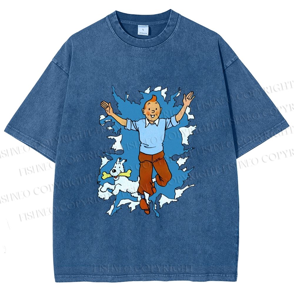 Unisex Tintin Running Out With Snowy Printed Washed Tee