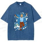 Unisex Tintin Running Out With Snowy Printed Washed Tee