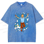 Unisex Tintin Running Out With Snowy Printed Washed Tee