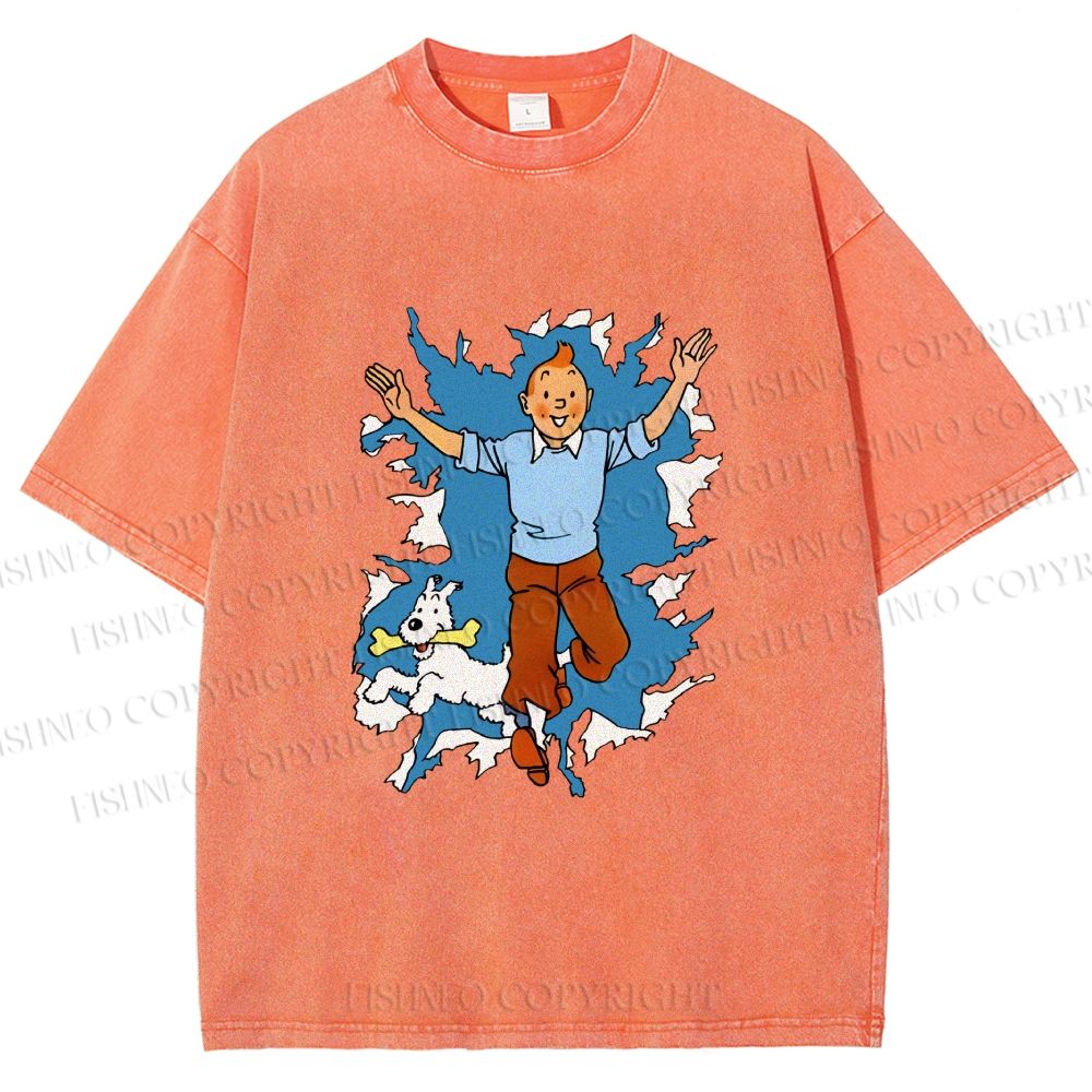 Unisex Tintin Running Out With Snowy Printed Washed Tee