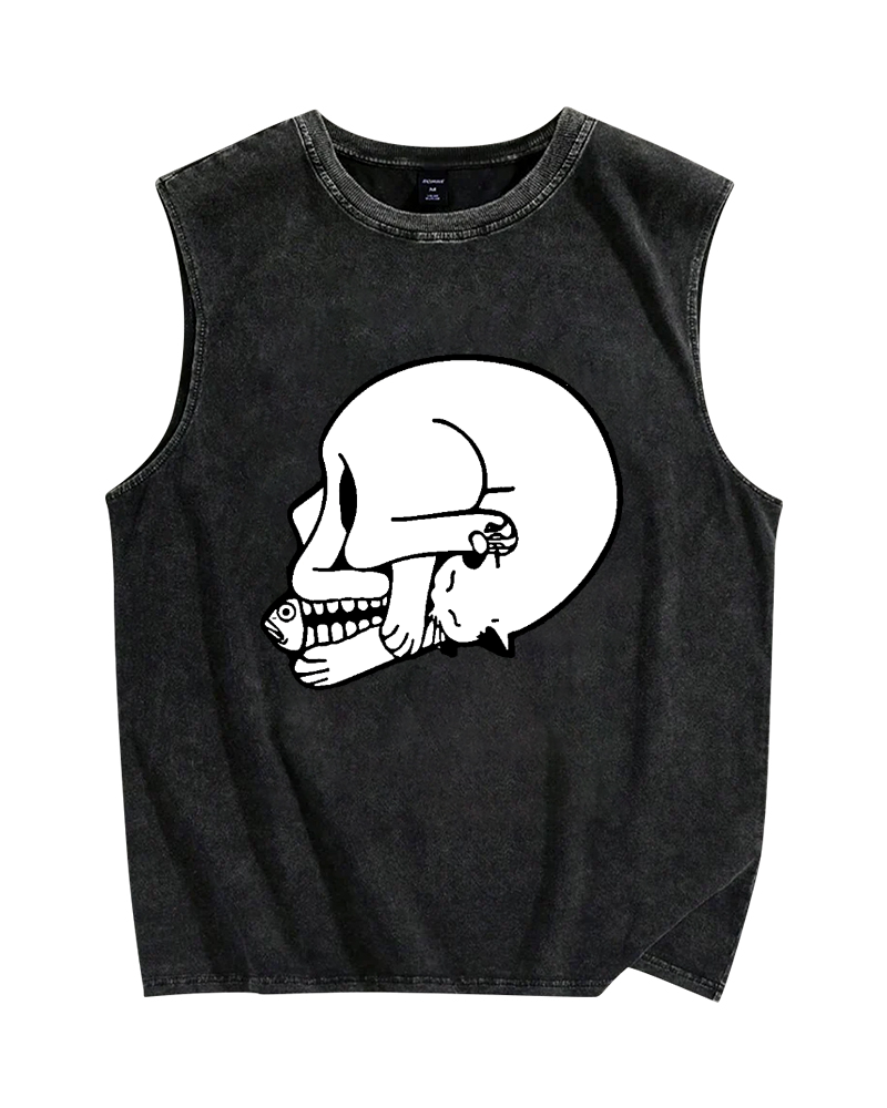 Cat Fish & Skull Vintage Distressed Washed Tank Top