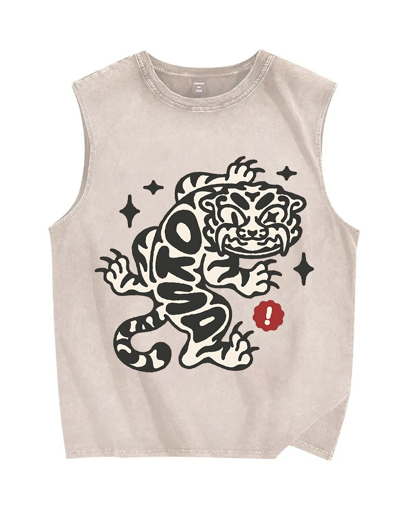Vintage Tiger Graffiti Printed Christian Snowflake Washed Vest