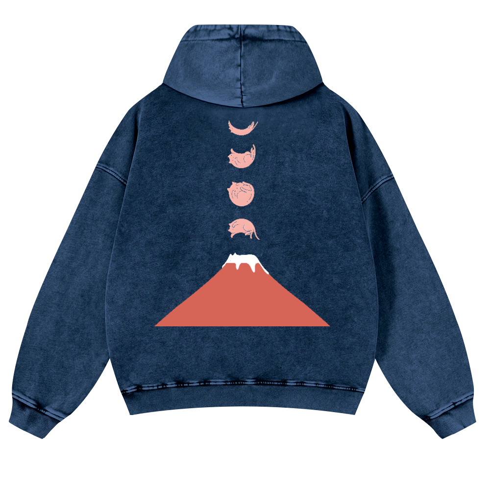 Mount Fuji Cat Moon Vintage Washed Cotton Back Art Hoodie